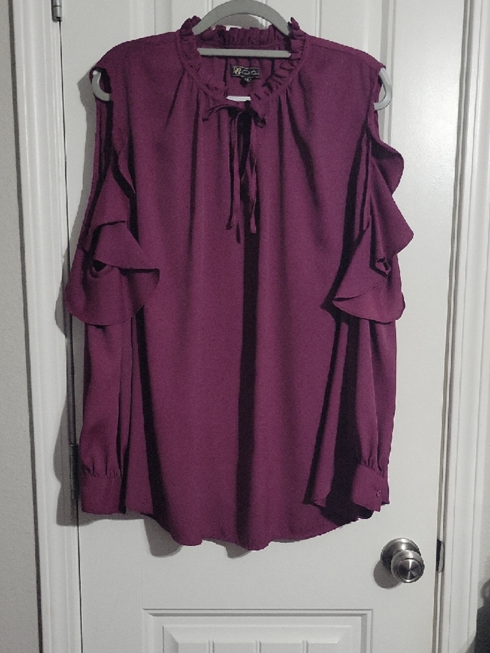 Plum Ruffle Cold-Shoulder Blouse - Picture 7 of 7